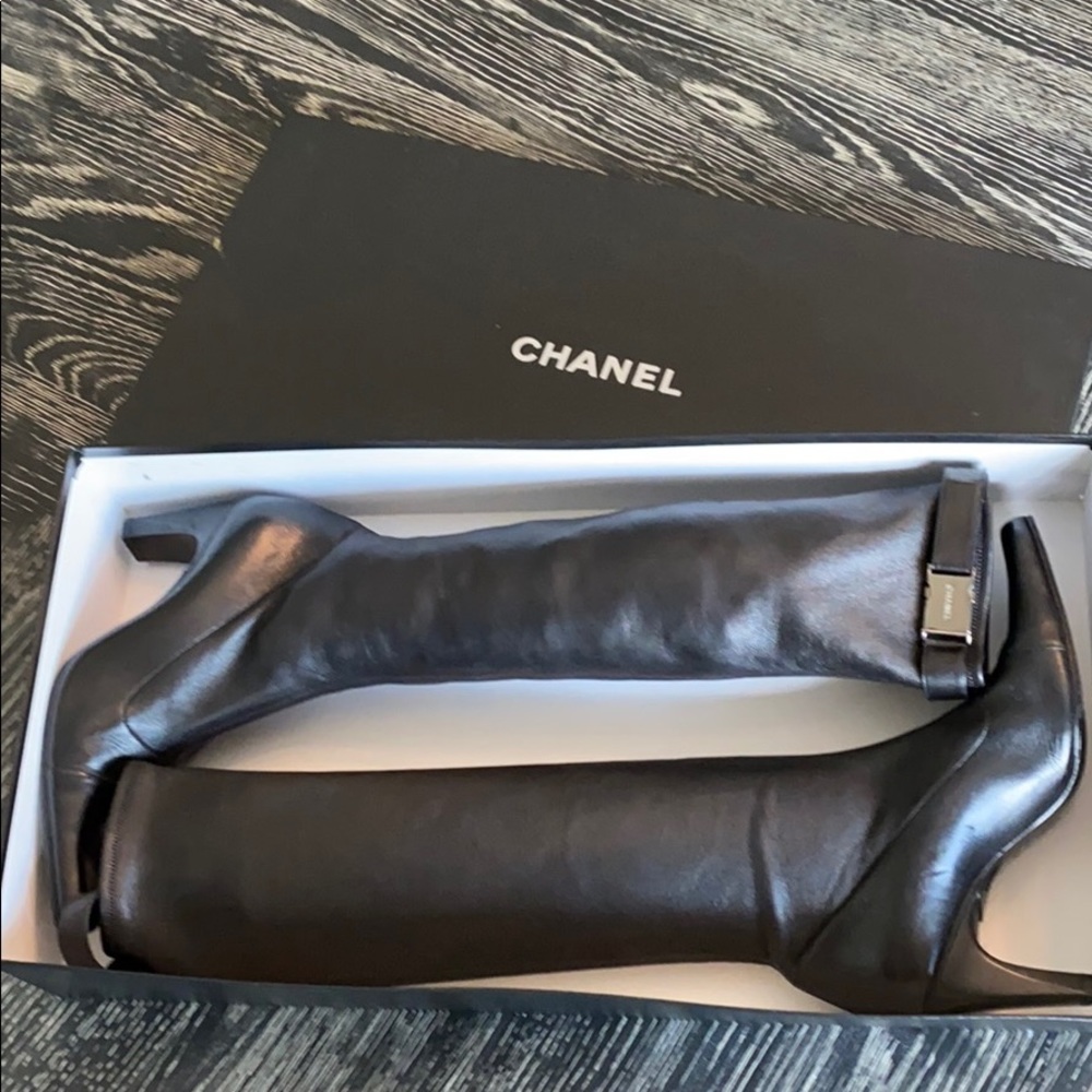 Chanel Black Leather Knee High Boots Size 8.5